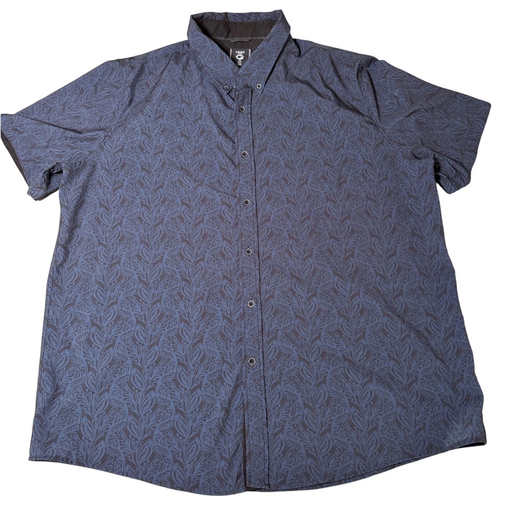 Fried Denim Mens 2XL Slim Fit Short‎ Sleeve Button Down Shirt Blue Leaf Print